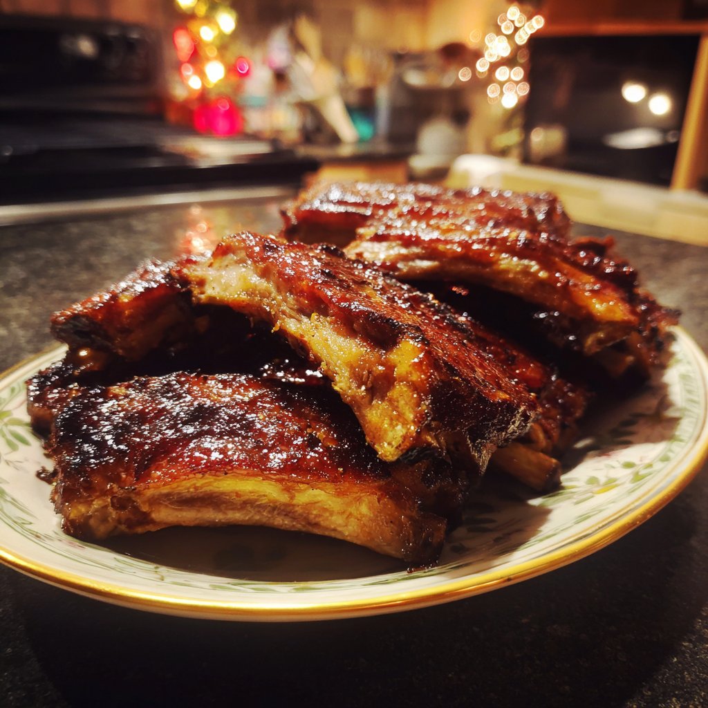A plate of ribs on a kitchen counter | Source: Midjourney