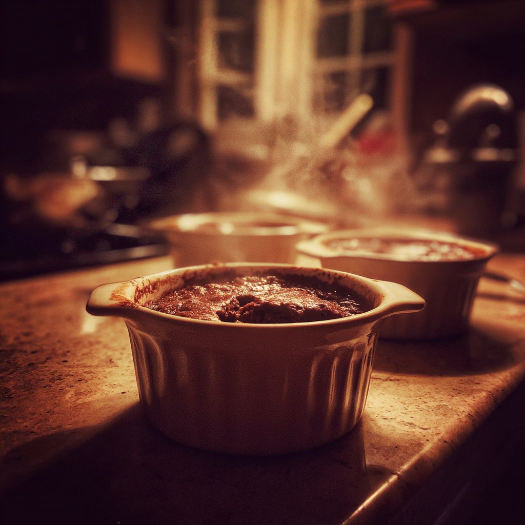 Bowls of chocolate pudding on a counter | Source: Midjourney