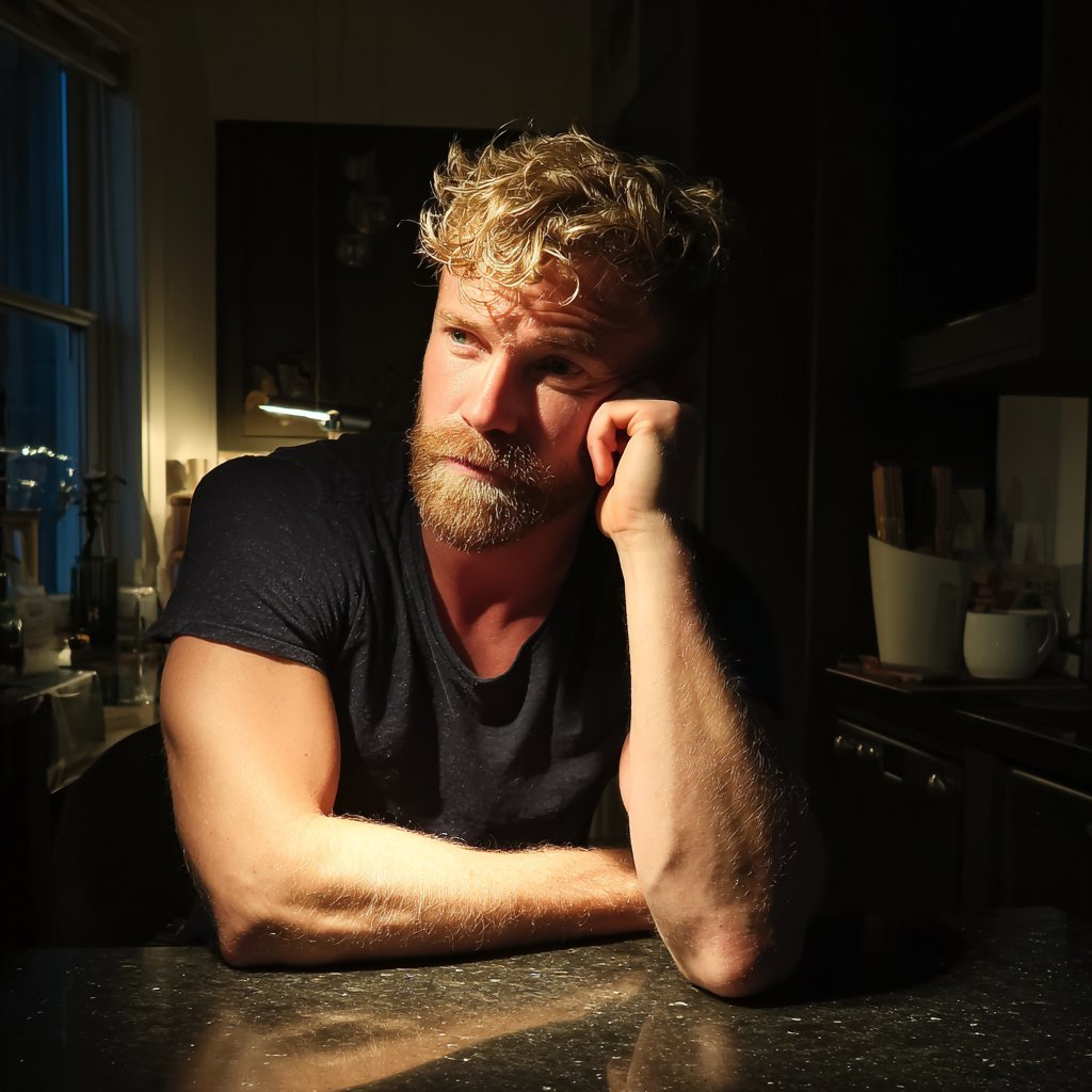 A man leaning against a kitchen counter | Source: Midjourney