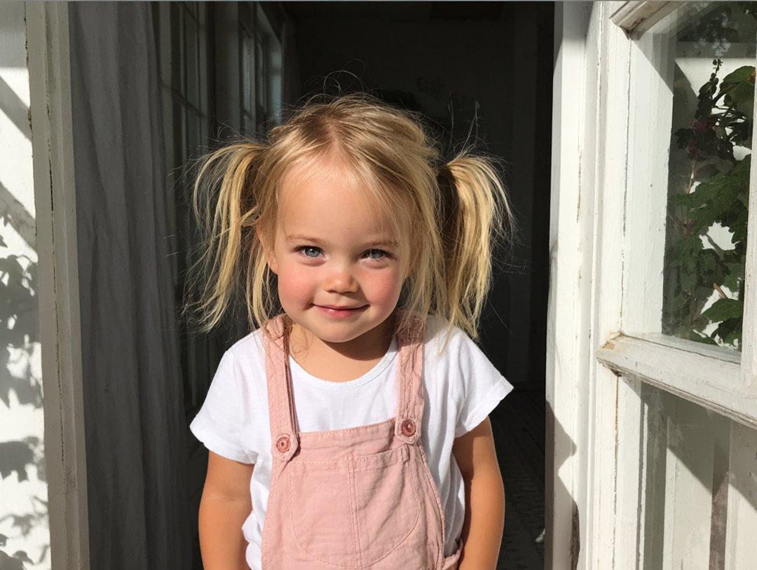 A smiling little girl standing on a porch in dungarees | Source: Midjourney