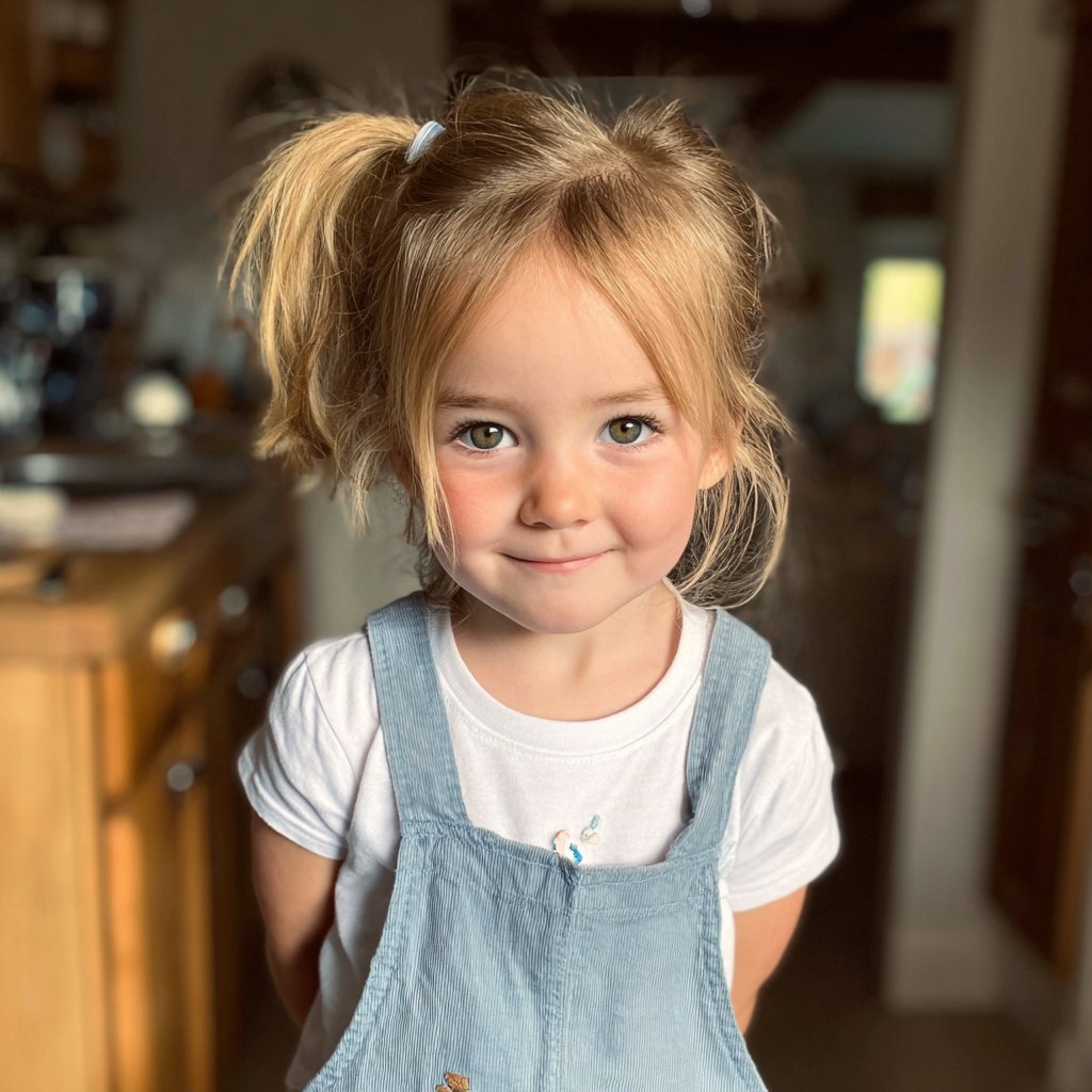 A smiling little girl in dungarees | Source: Midjourney