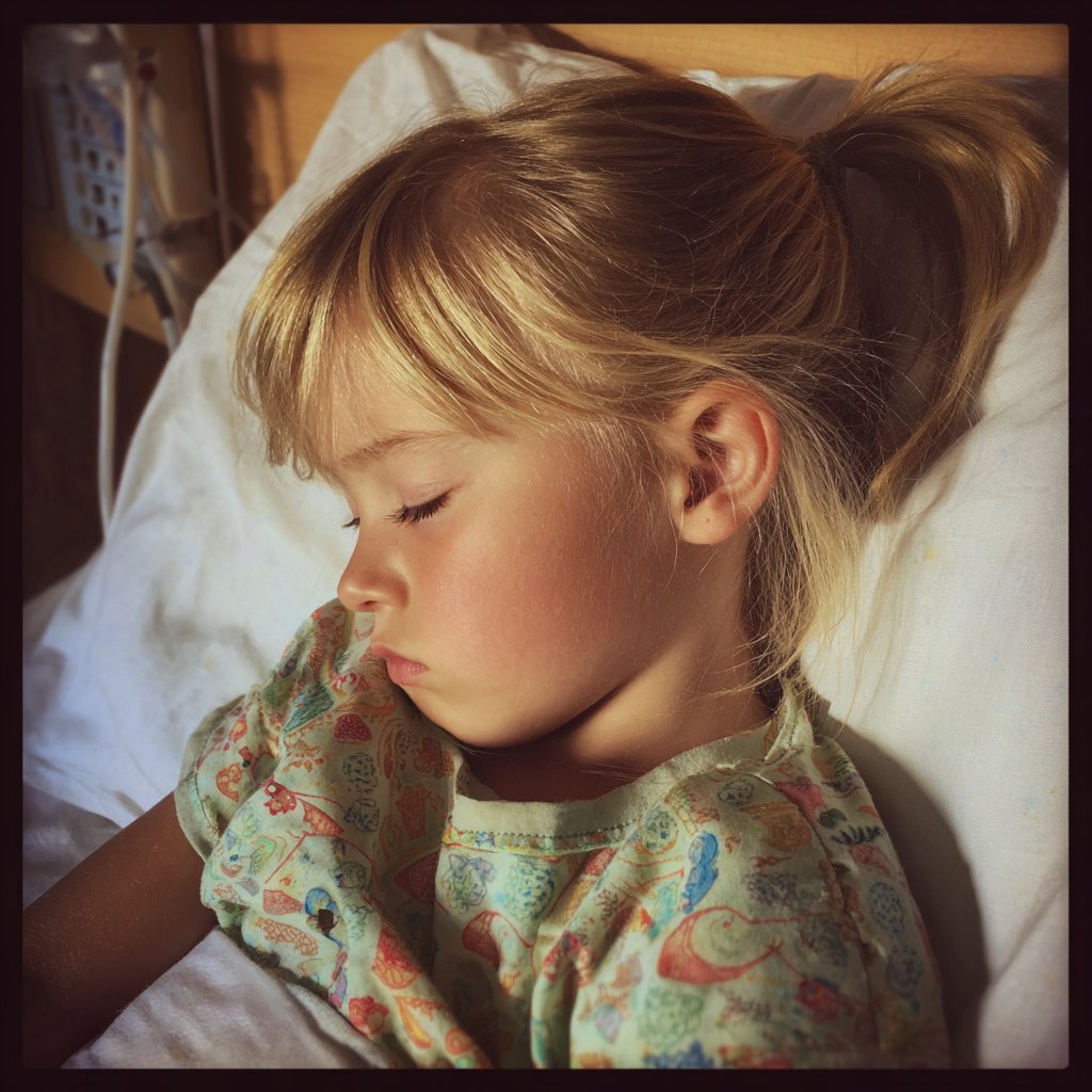 A little girl sleeping in a hospital bed | Source: Midjourney