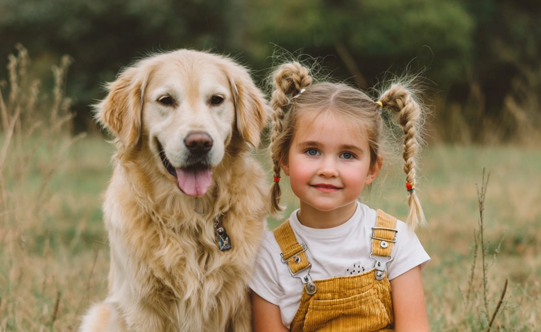 A smiling little girl sitting with a dog | Source: Midjourney