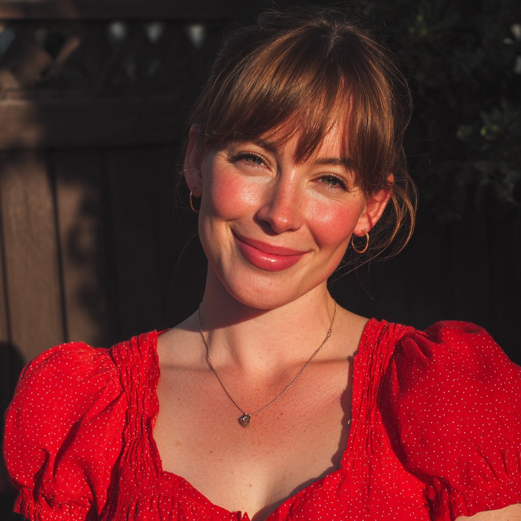 A smiling woman standing outside in a red dress | Source: Midjourney