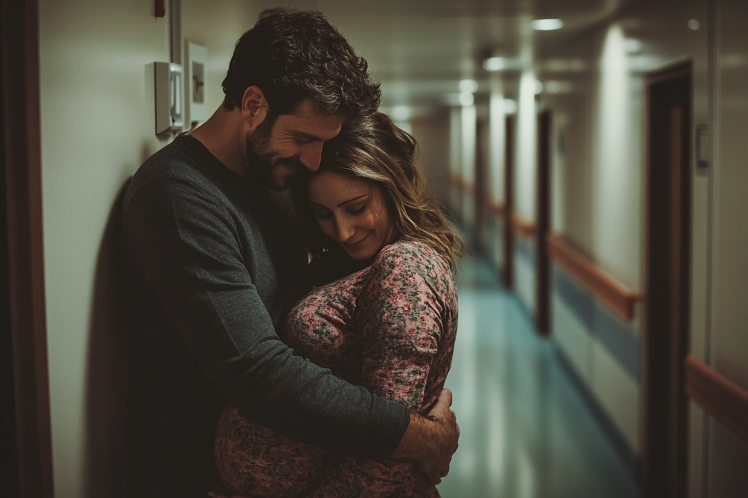 A man hugging a pregnant woman in a hospital corridor | Source: Midjourney