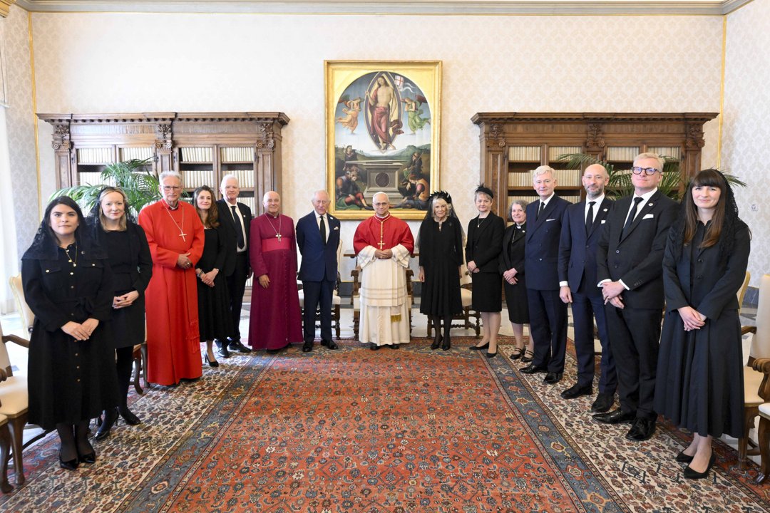 Pope Leo XVI poses with King Charles III, Queen Camilla, and delegation during an audience at the Apostolic Palace on October 23, 2025 in Vatican City, Vatican | Source: Getty Images