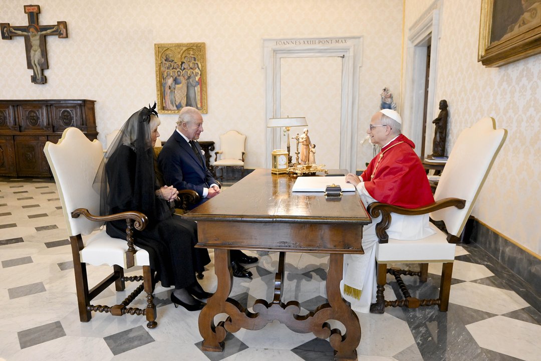 Pope Leo XVI meets with King Charles III and Queen Camilla during an audience at the Apostolic Palace on October 23, 2025 | Source: Getty Images