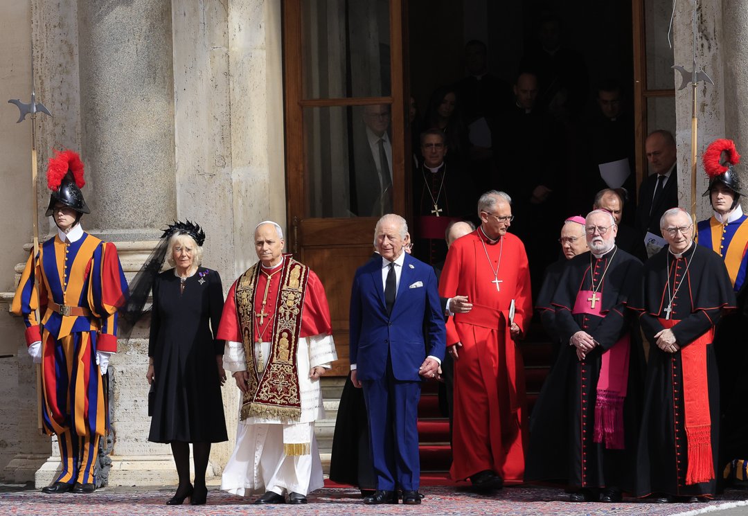 Pope Leo XIV, King Charles III, and Queen Camilla at the end of the ecumenical prayer on October 23, 2025 | Source: Getty Images