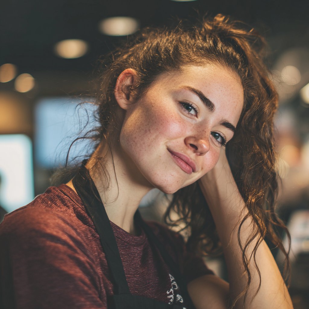 A smiling woman standing in a coffee shop | Source: Midjourney