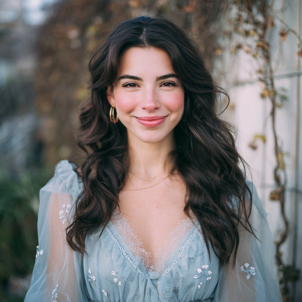 A smiling woman wearing a soft blue dress | Source: Midjourney