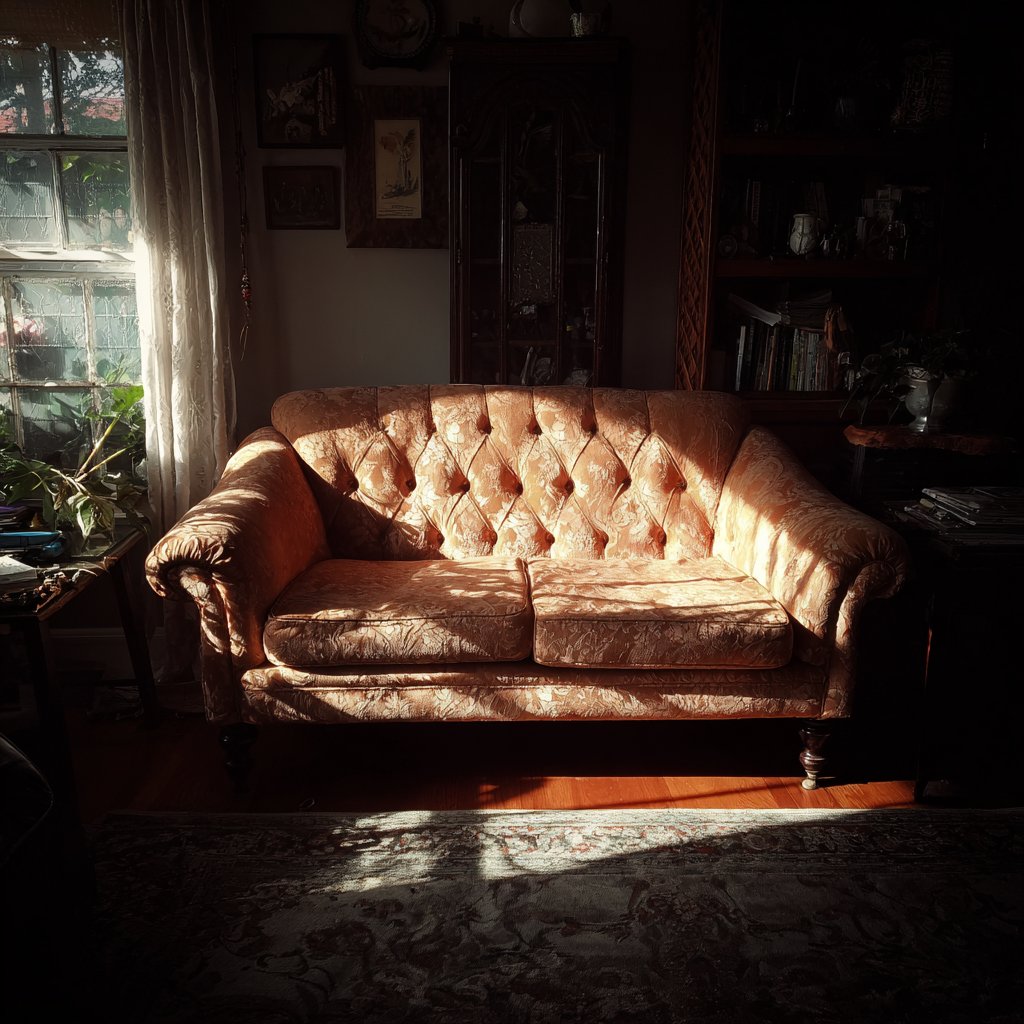 An old couch in a living room | Source: Midjourney