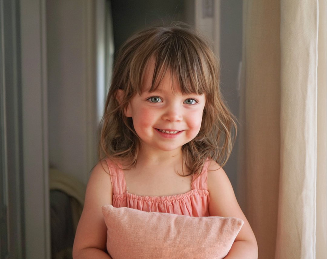 A smiling little girl carrying a cushion | Source: Midjourney
