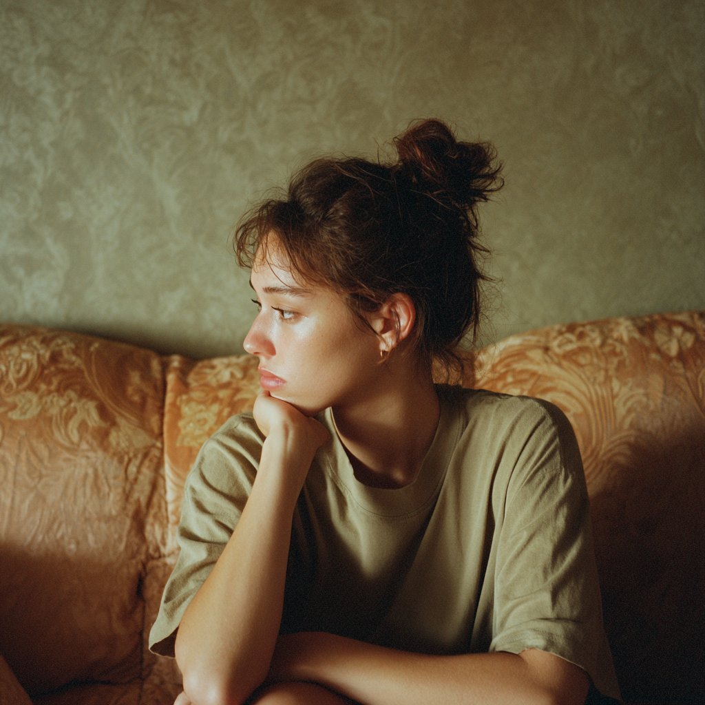 A woman sitting on a couch | Source: Midjourney