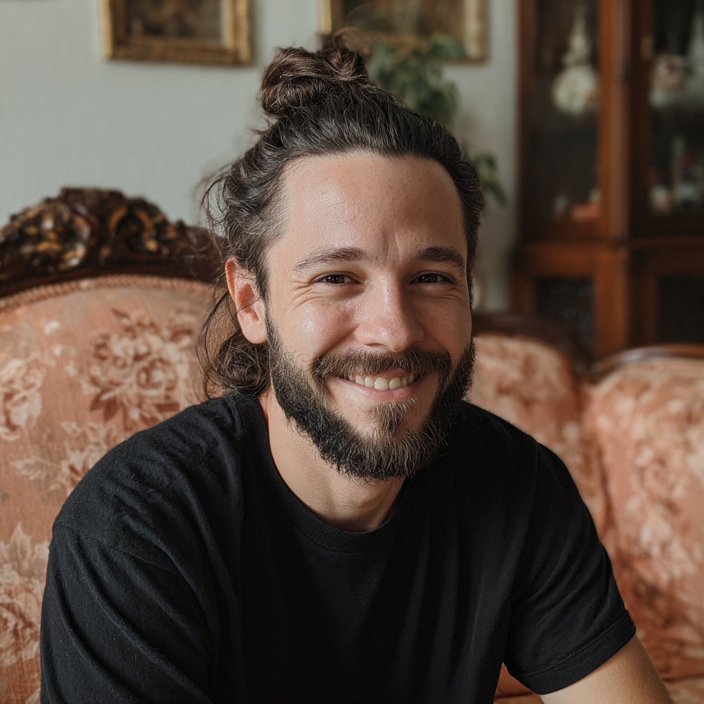 A smiling man sitting on a couch | Source: Midjourney