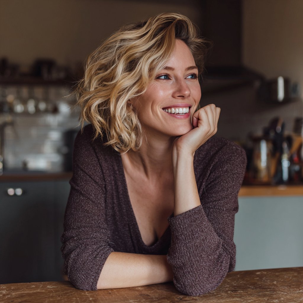 A smiling woman sitting at a kitchen table | Source: Midjourney