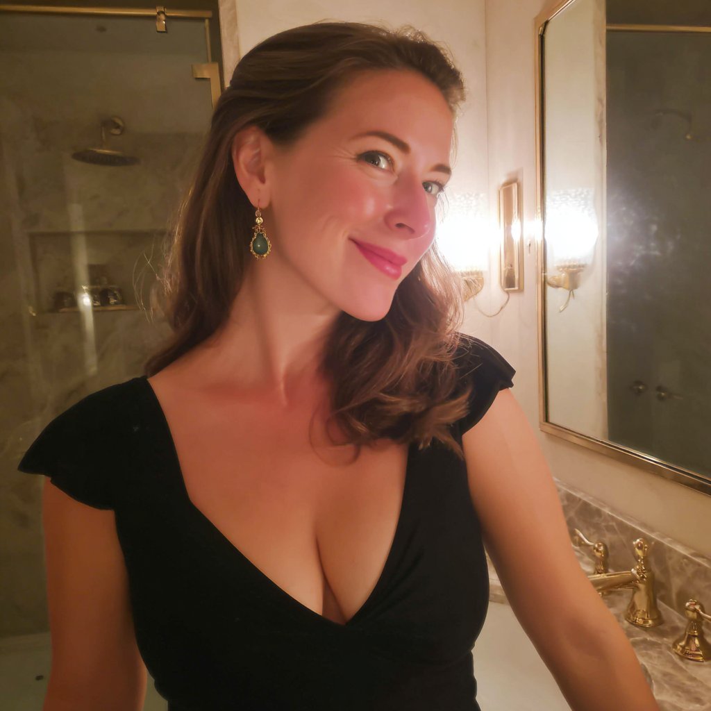 A smiling woman standing in a bathroom | Source: Midjourney