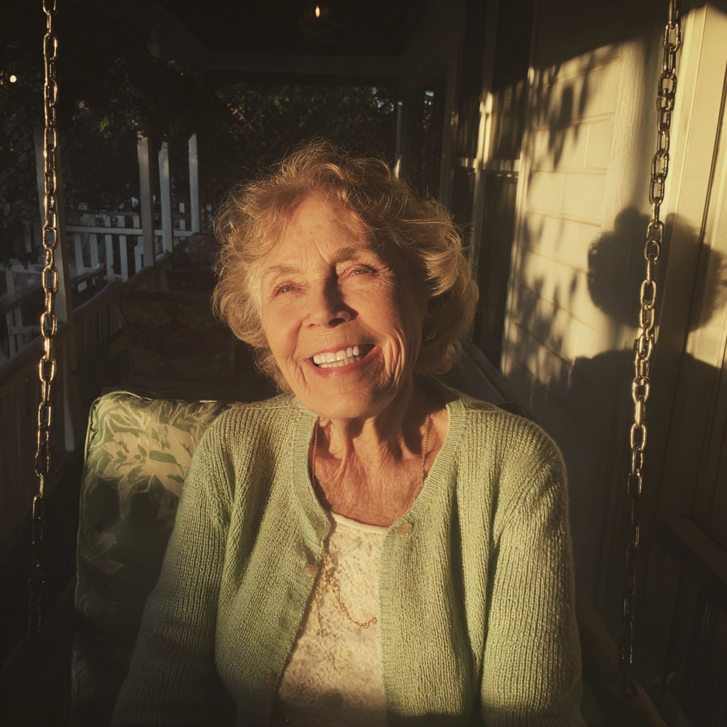 A smiling old woman sitting on a porch swing | Source: Midjourney
