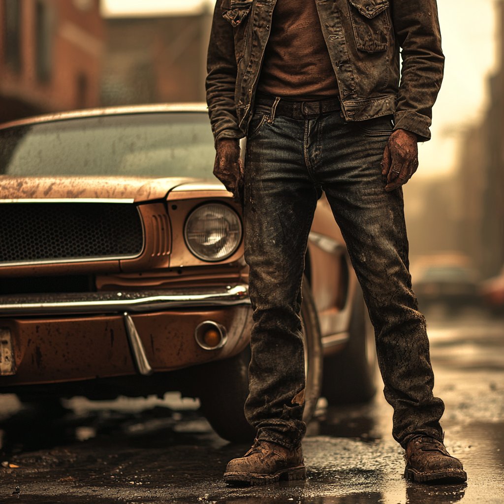 Close-up of a man in dirty clothes standing near a run-down vintage car | Source: Midjourney