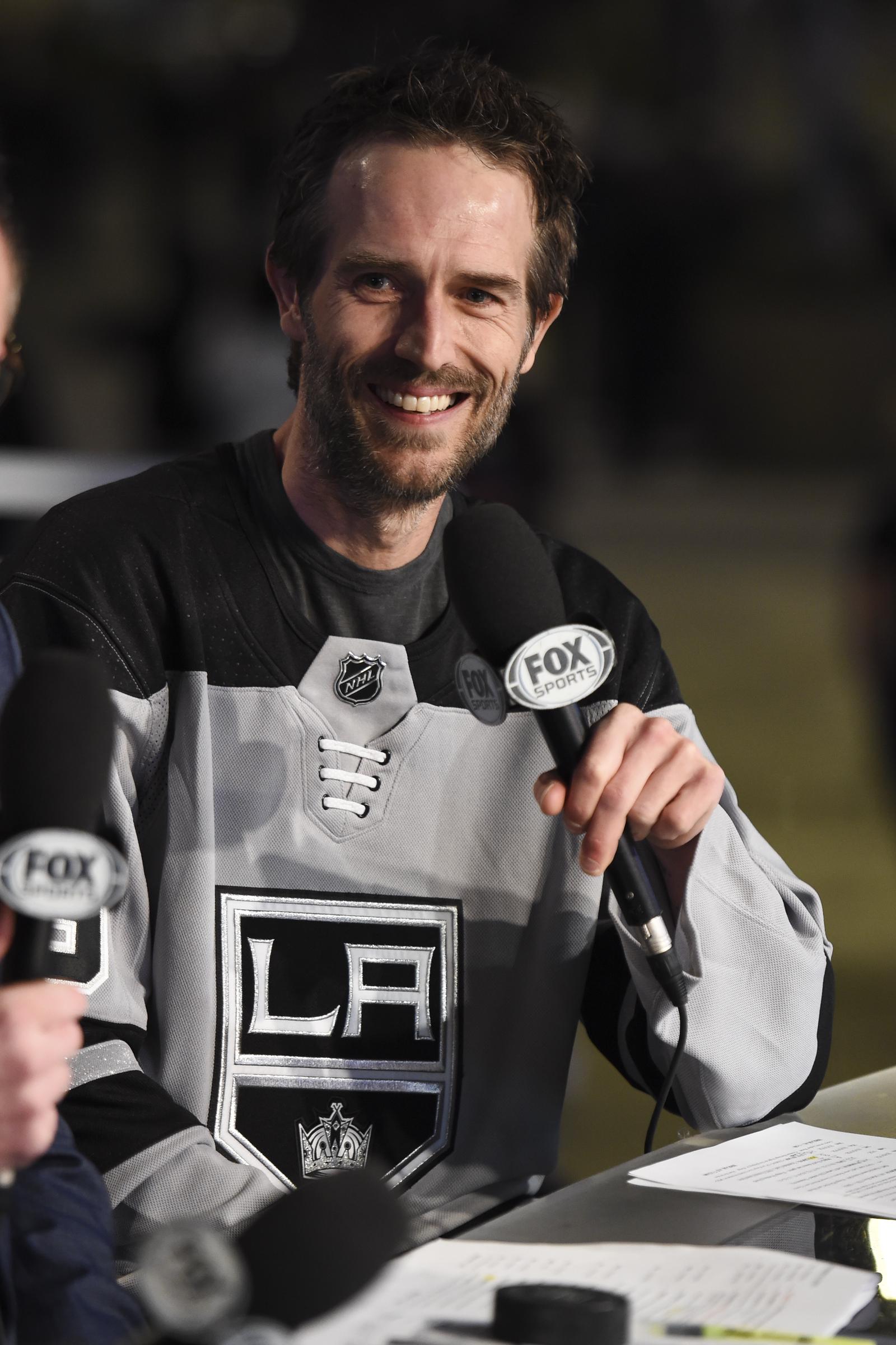 Michael Vartan smiles while serving as the Celebrity Guest of Honor on the Los Angeles Kings’ “Hockey Night in L.A.” broadcast. The event was held before the game between the Boston Bruins and the Los Angeles Kings at the STAPLES Center in Los Angeles, California.