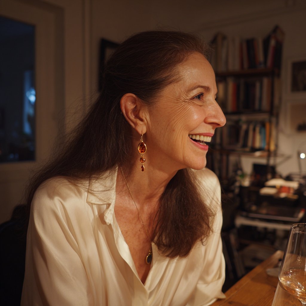 A smiling woman wearing a white silk blouse | Source: Midjourney
