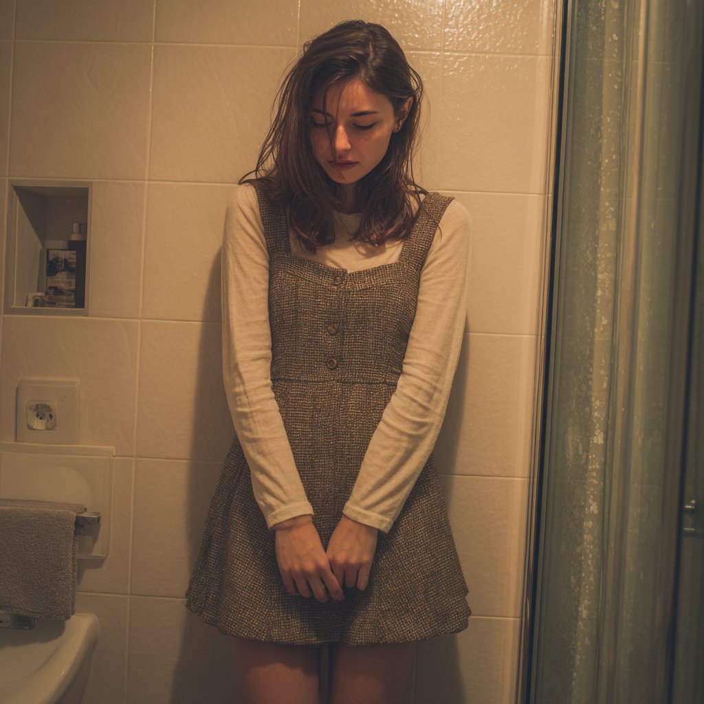 An emotional woman standing in a bathroom | Source: Midjourney