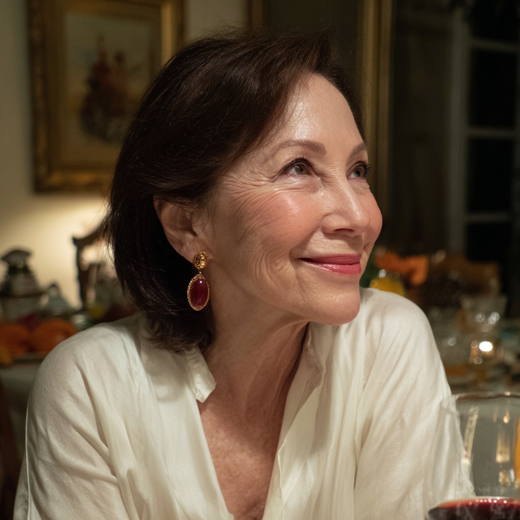A smiling woman sitting at a table | Source: Midjourney