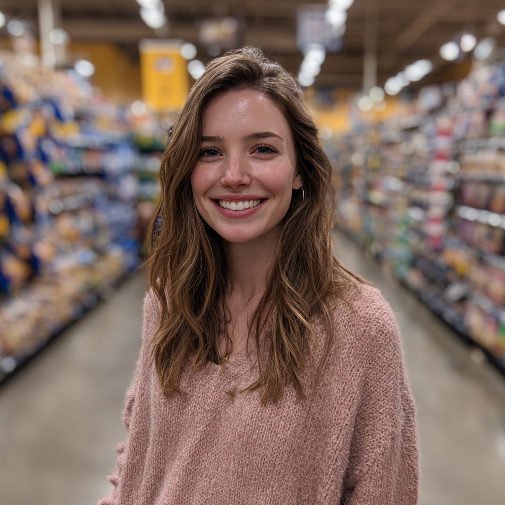 A smiling woman standing in a grocery store | Source: Midjourney
