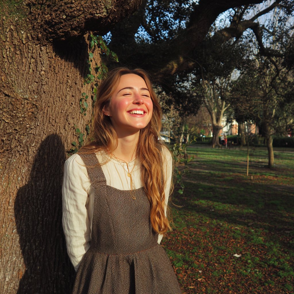 A smiling woman wearing a pinafore dress | Source: Midjourney