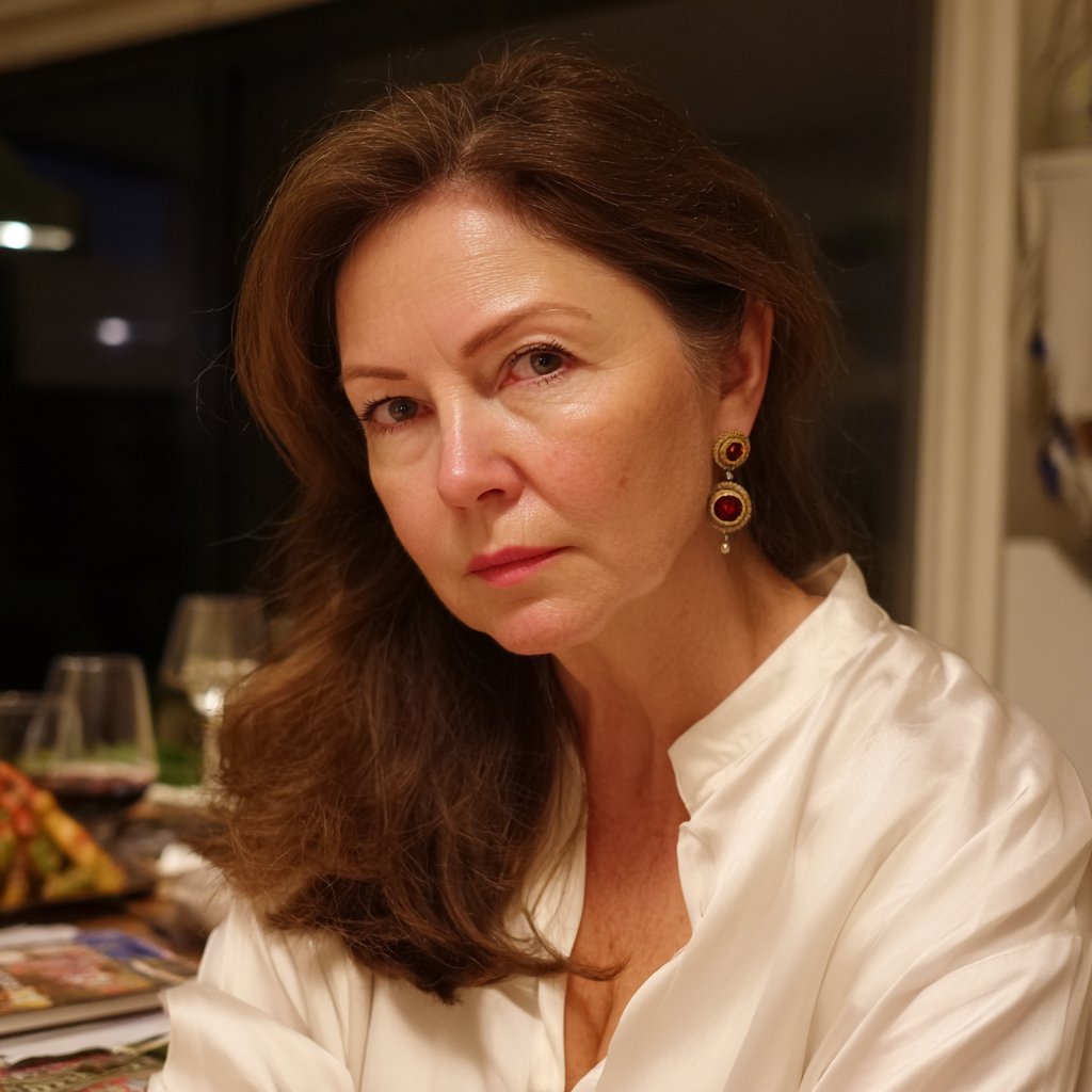 An unimpressed woman sitting at a dining table | Source: Midjourney