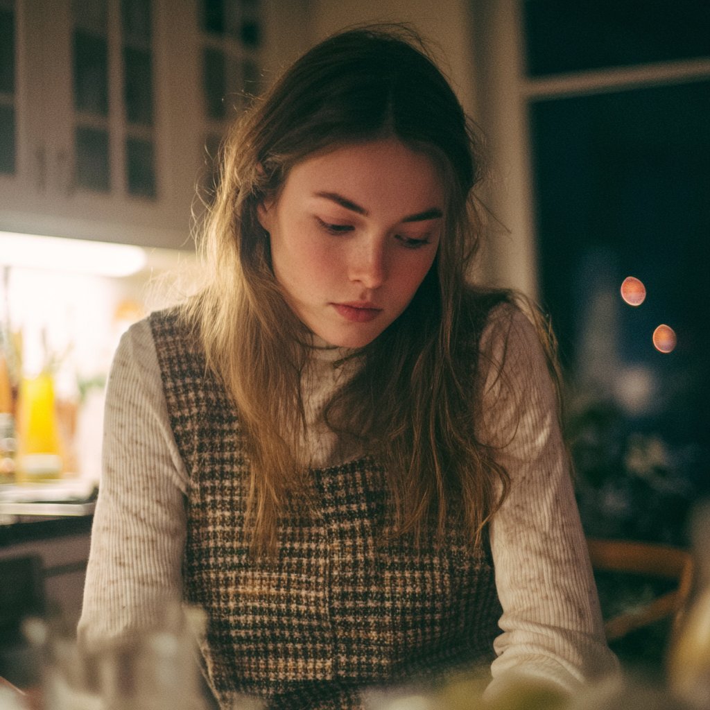 An upset woman sitting at a dining table | Source: Midjourney