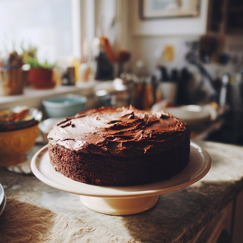 A chocolate cake on a kitchen counter | Source: Midjourney