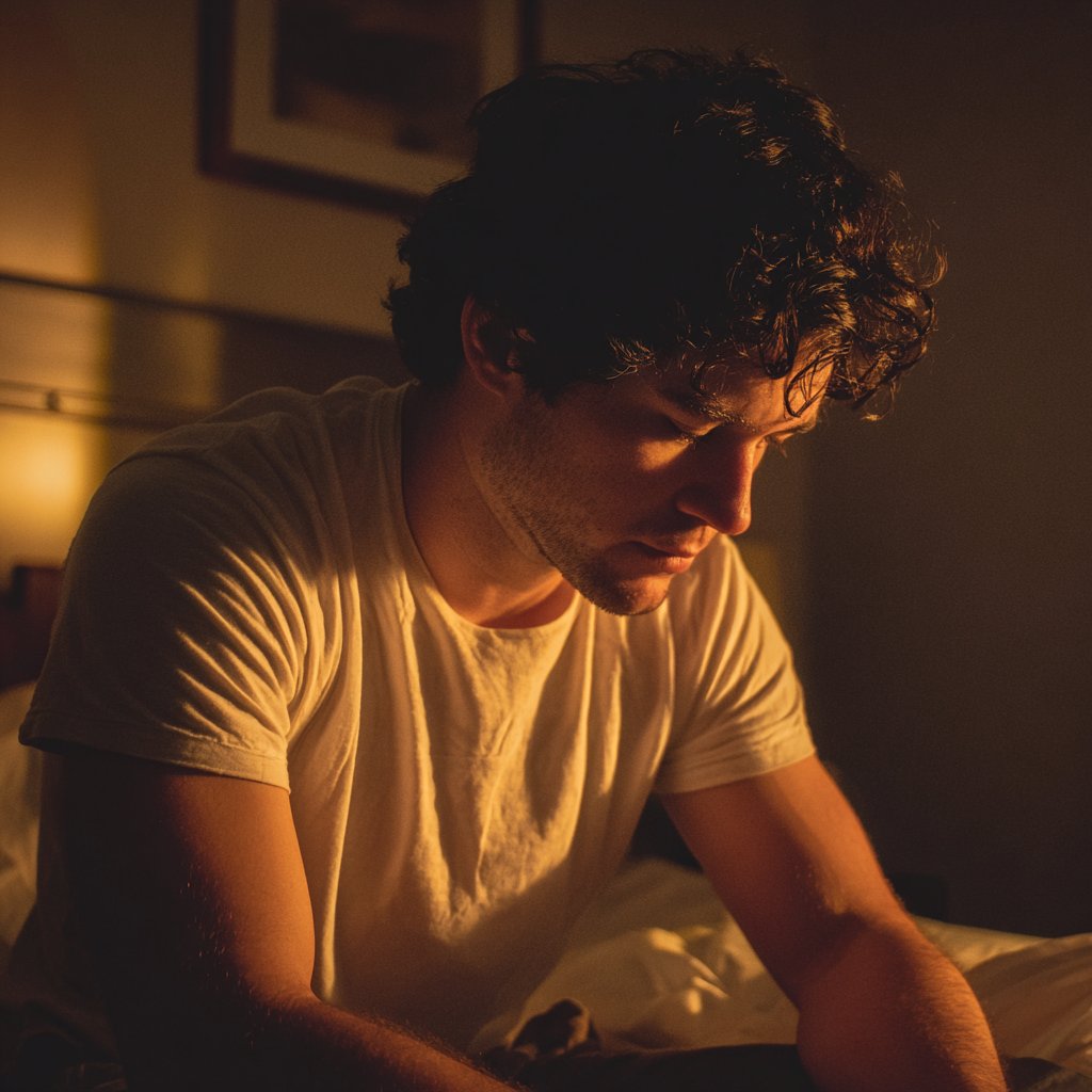 An upset man sitting on a bed | Source: Midjourney