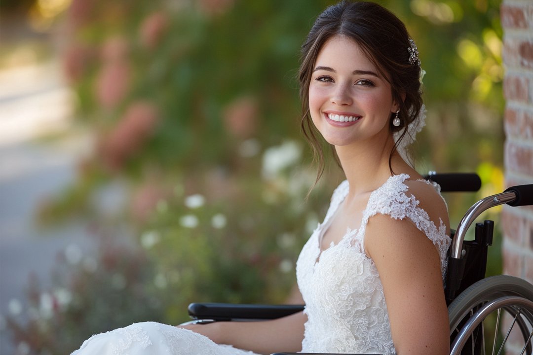 A smiling bride in a wheelchair | Source: Midjourney