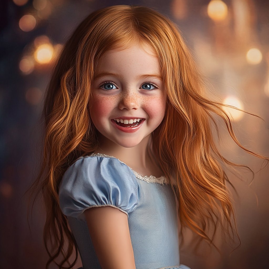 A happy little girl in a blue dress | Source: Midjourney