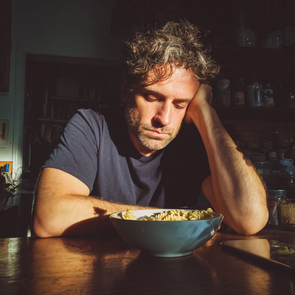 A man sitting at a table with his hand on his head | Source: Midjourney