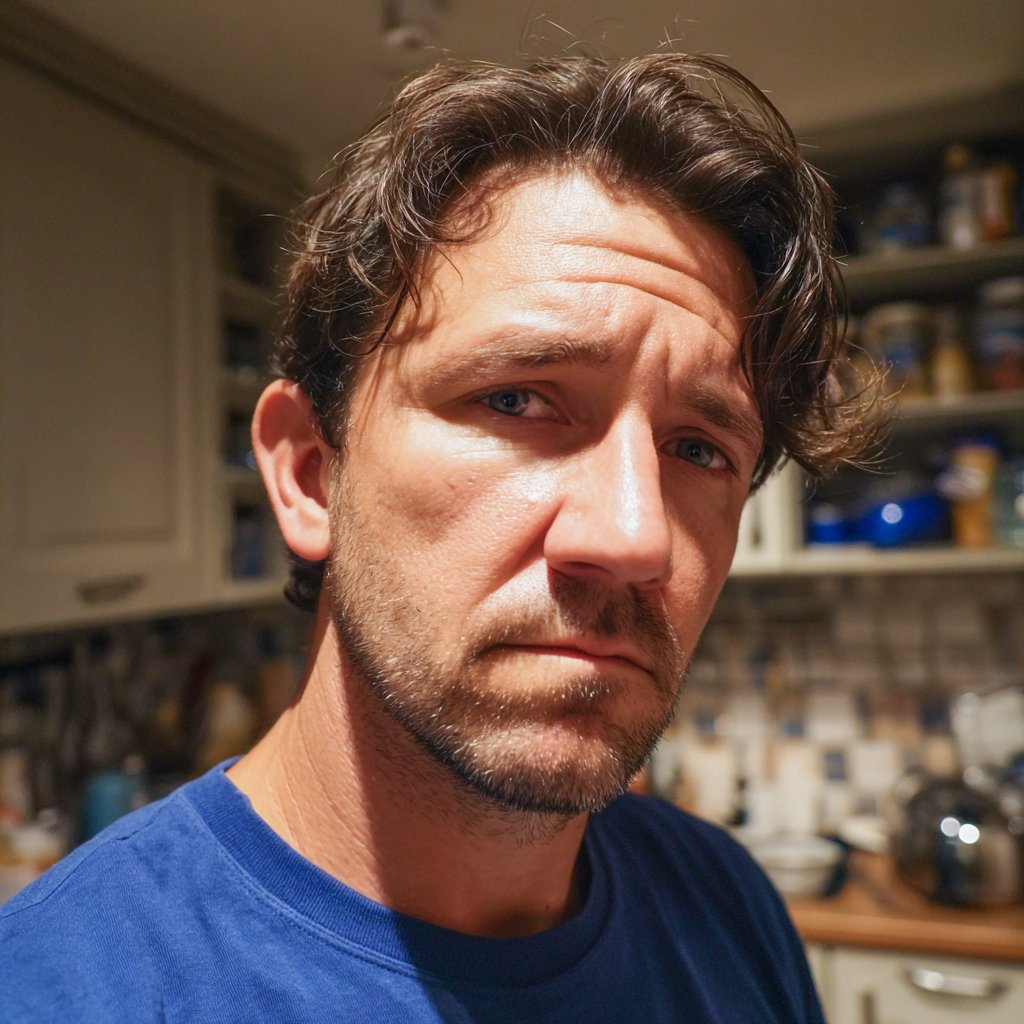 A frowning man standing in a kitchen | Source: Midjourney
