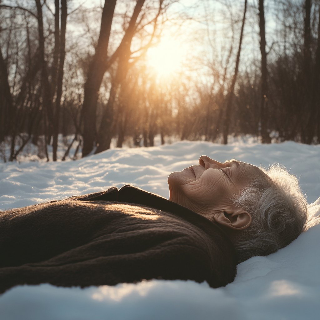 An elderly woman lying on the snow | Source: Midjourney
