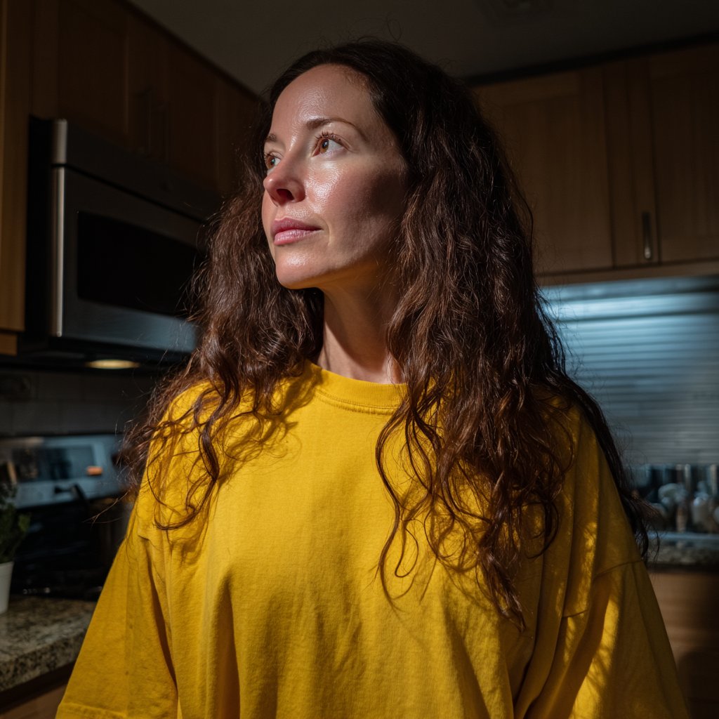A pensive woman standing in a kitchen | Source: Midjourney