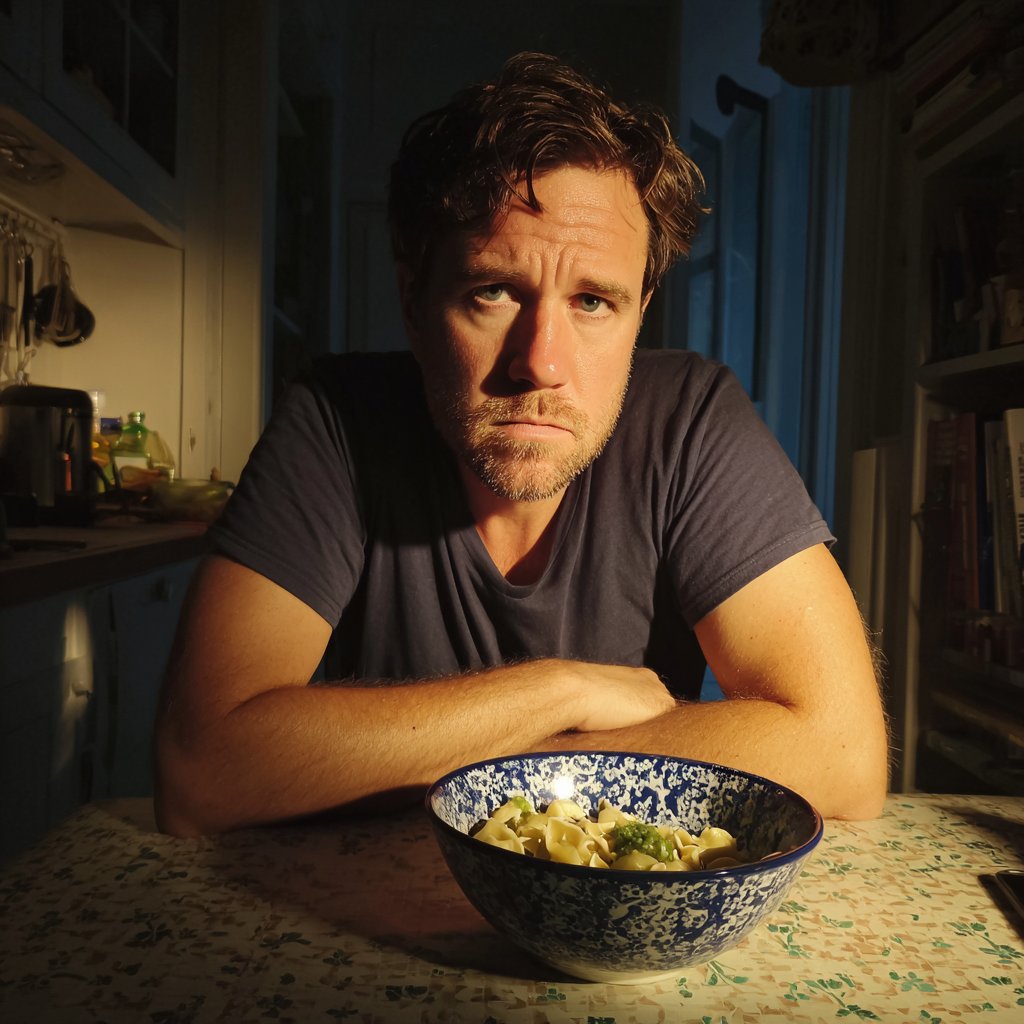 A frowning man sitting at a table | Source: Midjourney