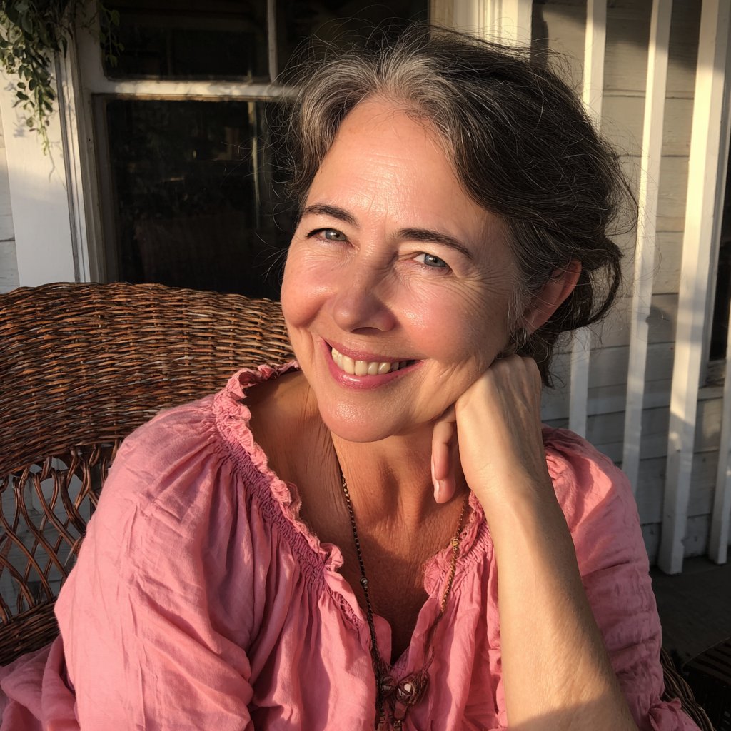 A smiling older woman sitting on porch | Source: Midjourney