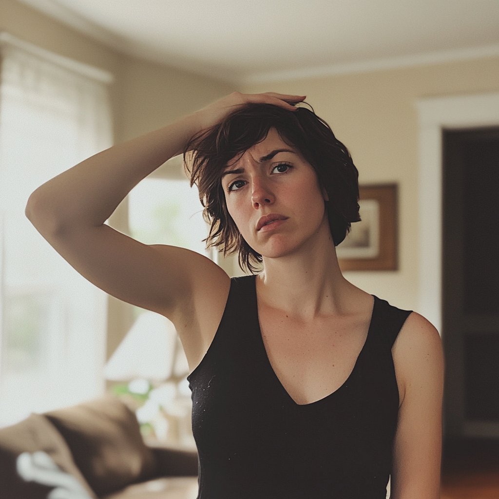 A woman with a hand on her head | Source: Midjourney