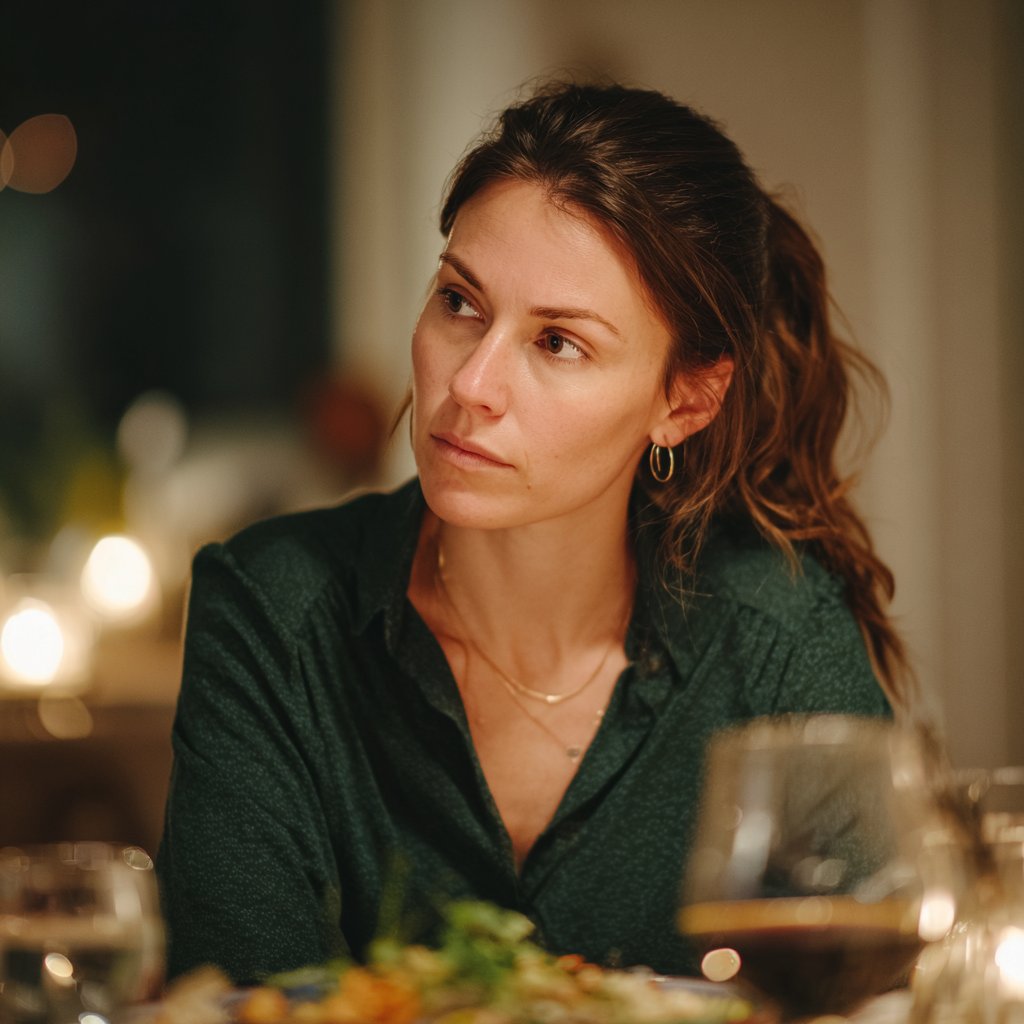 A pensive woman sitting at a dinner table | Source: Midjourney