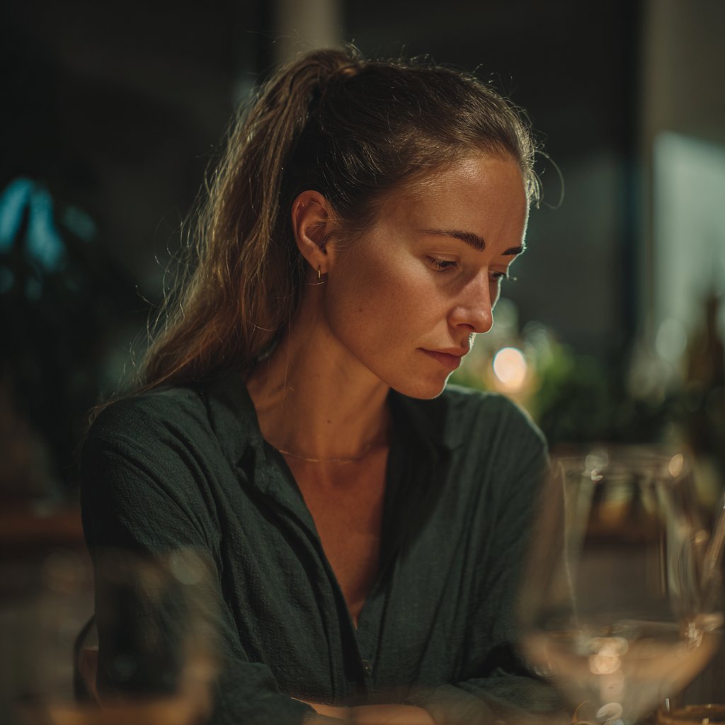A woman looking down at a table | Source: Midjourney