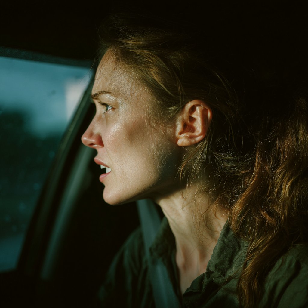 An upset woman looking out a car window | Source: Midjourney