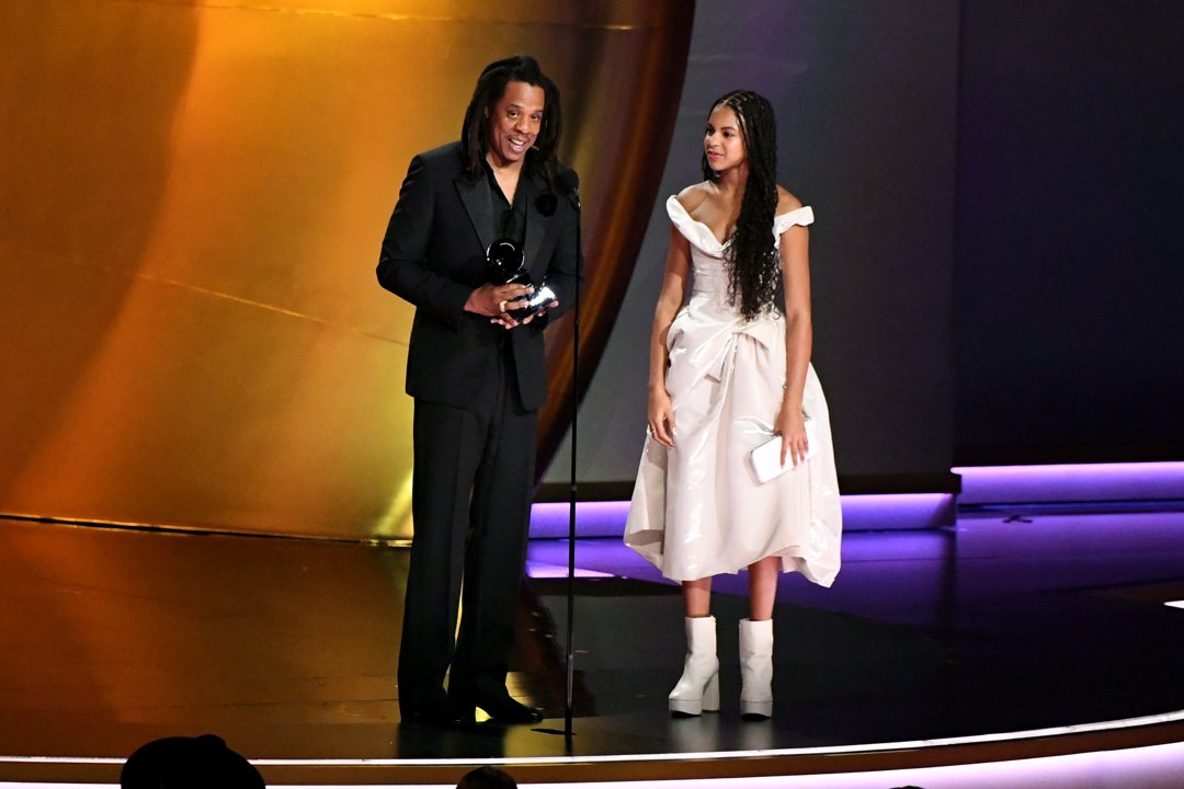 Jay-Z and Blue Ivy Carter onstage at the 66th Grammy Awards, where Jay-Z received the Dr. Dre Global Impact Award. | Source: Getty Images