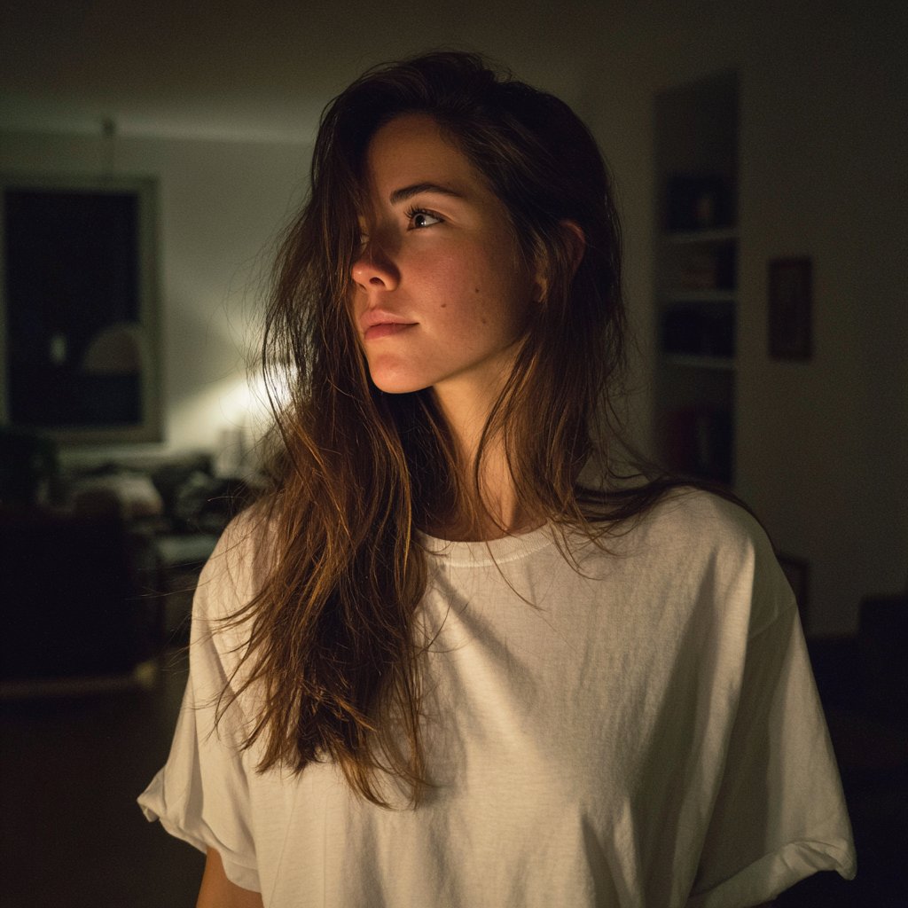 A pensive woman wearing a white t-shirt | Source: Midjourney