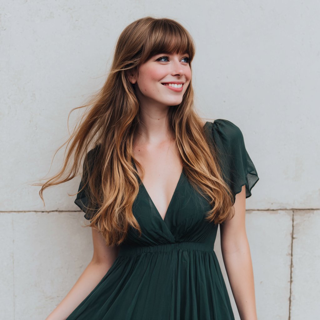 A smiling woman wearing a green dress | Source: Midjourney