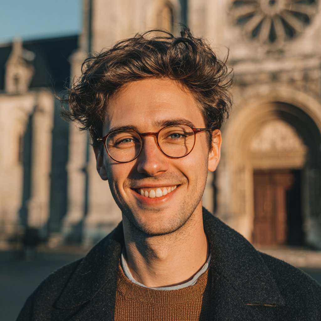 A smiling man standing outside a church | Source: Midjourney