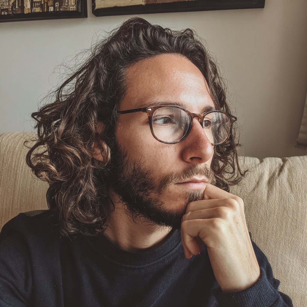 A pensive man wearing a navy shirt | Source: Midjourney