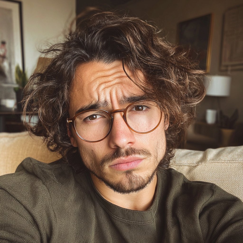 A frowning man sitting on a couch | Source: Midjourney